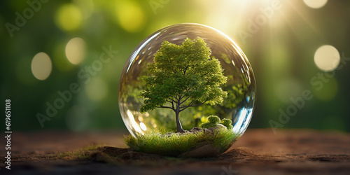 Glass globe ball with tree growing and green nature blur background. eco earth day concept