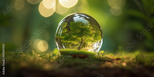 Glass globe ball with tree growing and green nature blur background. eco earth day concept