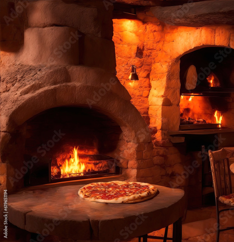 Stone pizza oven and pizza close up - ai generative