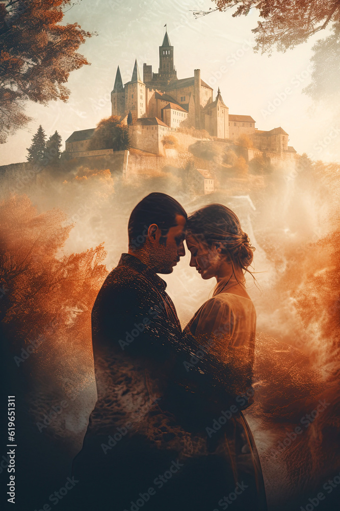 Portrait of a beautiful couple in love. Double exposure of a man and woman couple and a castle. Vertical Generative AI illustration. Love story. - obrazy, fototapety, plakaty 