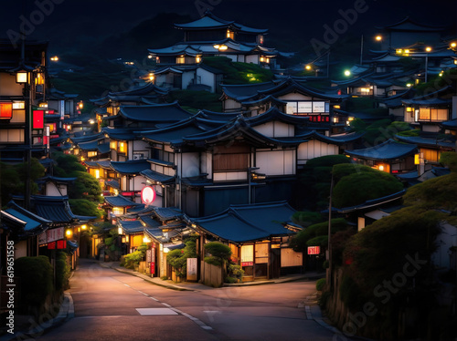 Night view of an Asian neighborhood, with neon lights, ai generative.