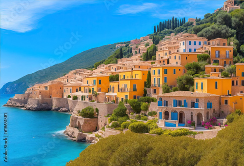 Panoramic of a small and colorful Mediterranean coastal village between the sea and the mountains AI generative