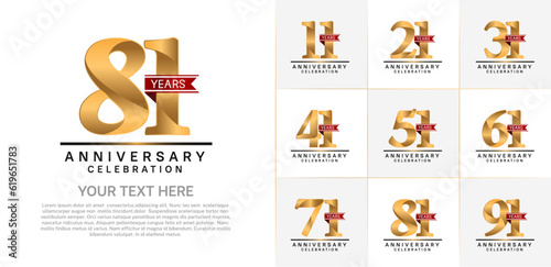 set of anniversary logo with golden number and red ribbon can be use for celebration