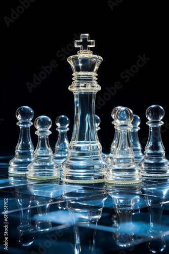 Chessboard with Glass Pieces Highlighting King and Queen - Signifying Strategic Planning and Decision-making