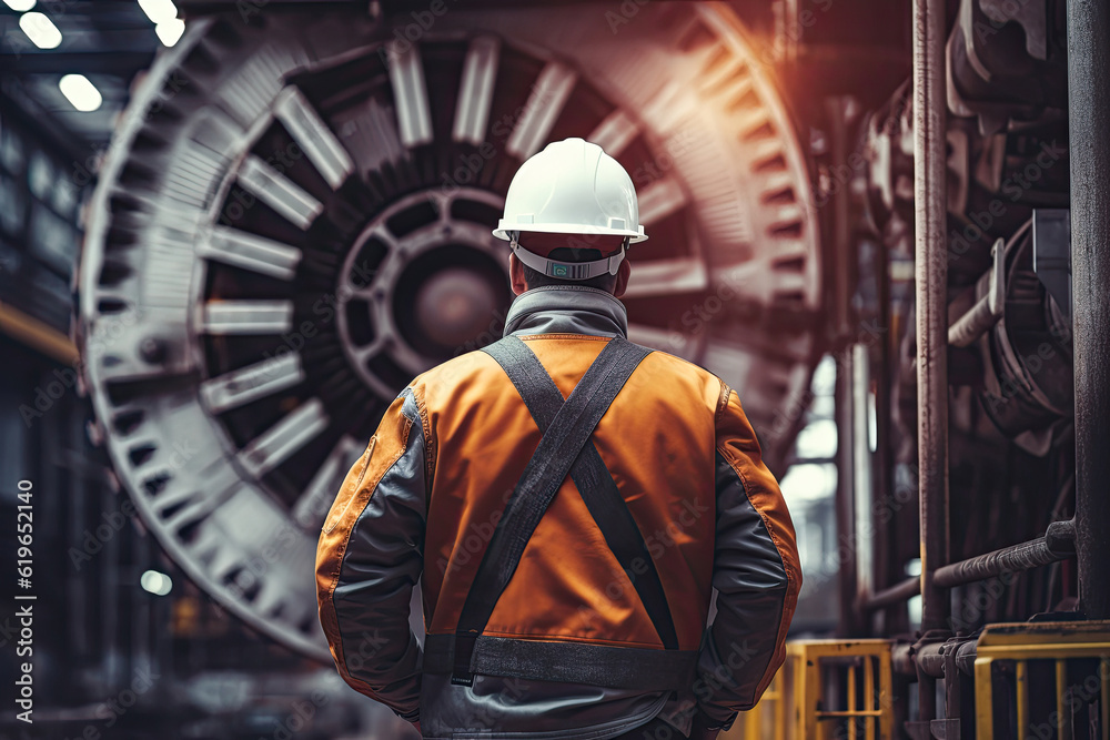Back view of an engineer in a heavy industrial factory, Generative AI Back view of an engineer in a heavy industrial factory, Generative AI