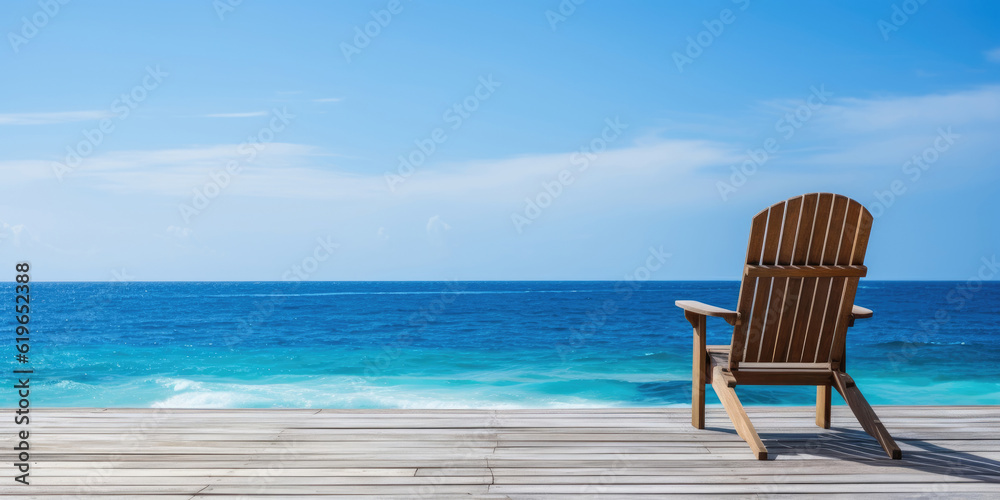 Terrace with wooden armchair on the sea, Generative AI