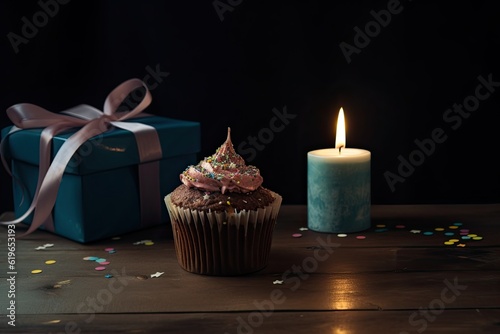 Birthday cupcake with candle and gift box on wooden table. A cupcake with a birthday candle on it and a gift on the side, AI Generated