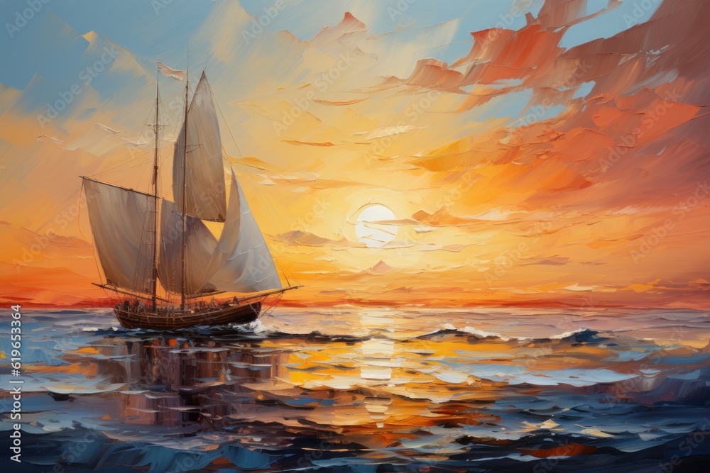 oil painting on canvas of a sailboat at sunset on the sea