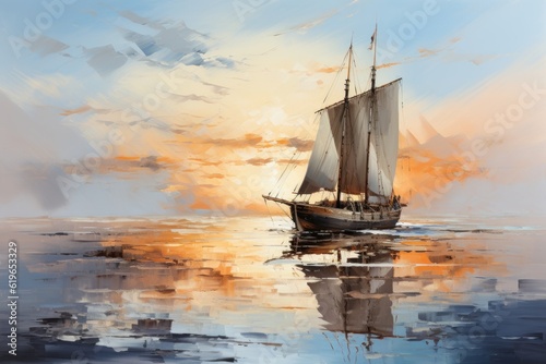 oil painting on canvas of a sailboat at sunset on the sea photo