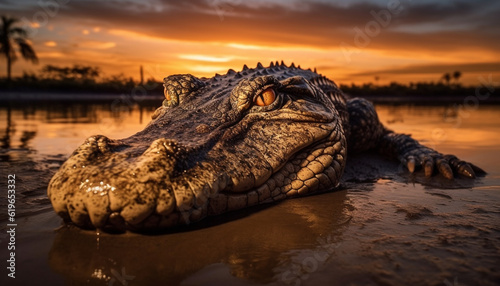Crocodile resting in tranquil sunset pond, dangerous beauty in nature generated by AI