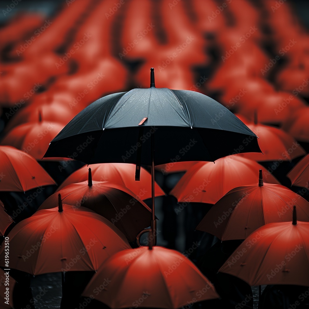 black umbrella among many red umbrellas. Concept of difference, leadership and business