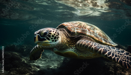 Green sea turtle swimming in tranquil reef generated by AI © Ionatan