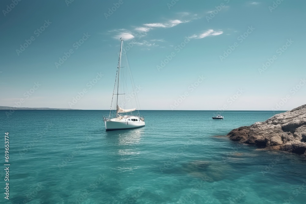 Sailing boat on the turquoise water of the Mediterranean Sea, A small yacht gracefully sailing on the tranquil waters of a beautiful ocean on a sunny day, AI Generated