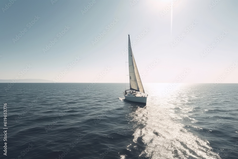 Sailing yacht in the sea. 3D render. Sunset. A small yacht gracefully sailing on the tranquil waters of a beautiful ocean on a sunny day, AI Generated