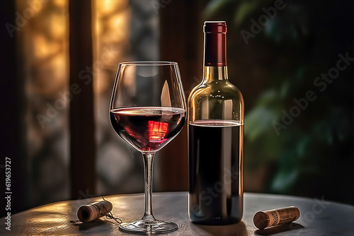 red wine bottle and wine glass on the table, AI Generative