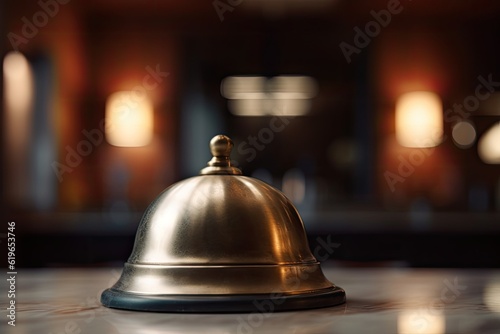 Restaurant bell on a table in a restaurant, shallow depth of field, A closeup of a hotel service bell is placed on the reception counter, AI Generated