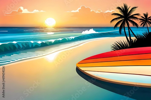 sunset on the beach and surf board  generative Ai art