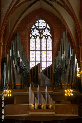 15,05,2022 Frankfurt, Germany. Frankfurt Cathedral, officially called Imperial Cathedral of Saint Bartholomew interior with instrument organ and statues, a Roman Catholic Gothic church in Frankfurt.