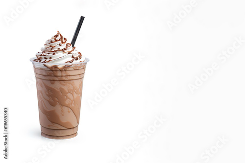 Chocolate milkshake in plastic takeaway cup isolated on white background with copy space
