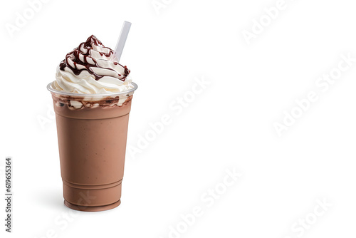 Chocolate milkshake in plastic takeaway cup isolated on white background with copy space