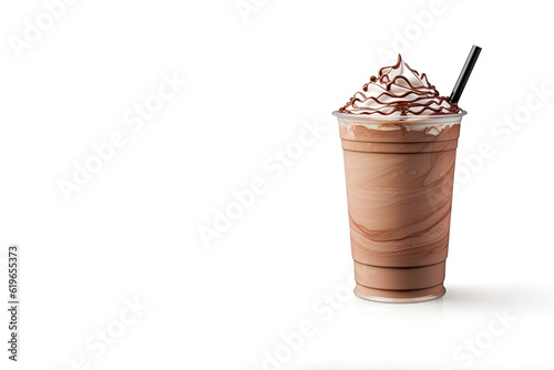 Chocolate milkshake in plastic takeaway cup isolated on white background with copy space