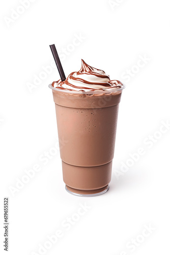 Chocolate milkshake in plastic takeaway cup isolated on white background