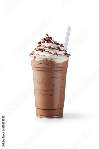 Chocolate milkshake in plastic takeaway cup isolated on white background