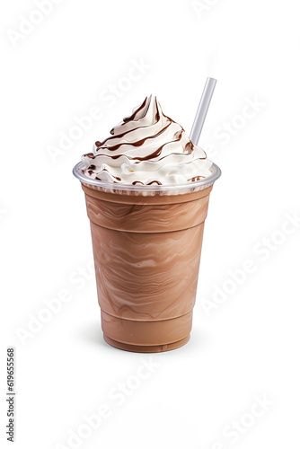 Fototapeta Chocolate milkshake in plastic takeaway cup isolated on white background