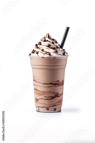 Chocolate milkshake in plastic takeaway cup isolated on white background