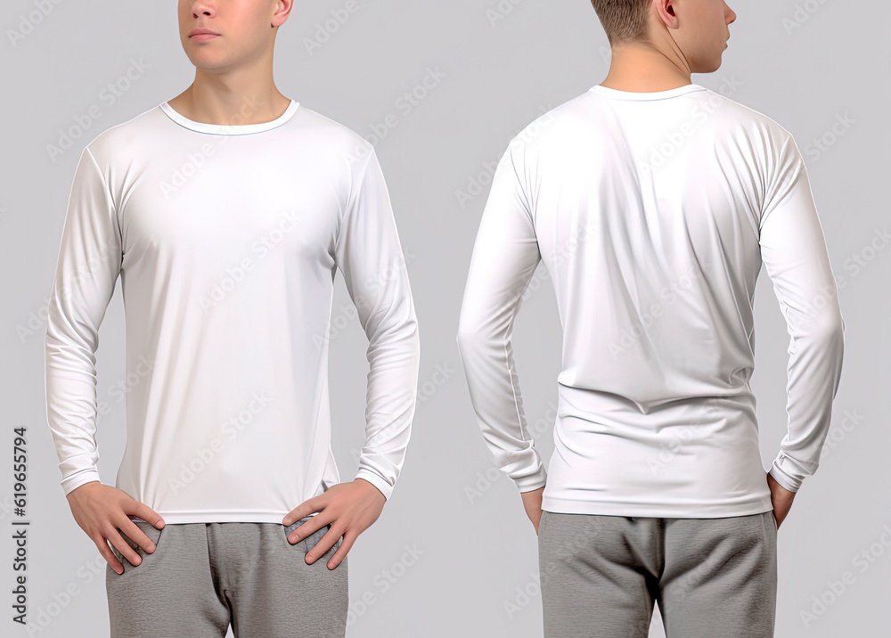 Man wearing a white T-shirt with long sleeves. Front and back view Man wearing a white T-shirt with long sleeves. Front and back view