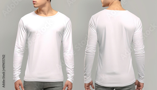 Man wearing a white T-shirt with long sleeves. Front and back view photo