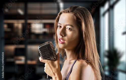 Young beautiful Female singer in studio, AI generated image