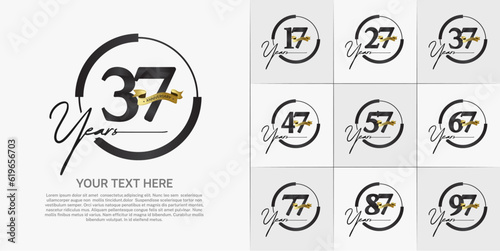 set of anniversary logo with black number in circle and golden ribbon can be use for celebration