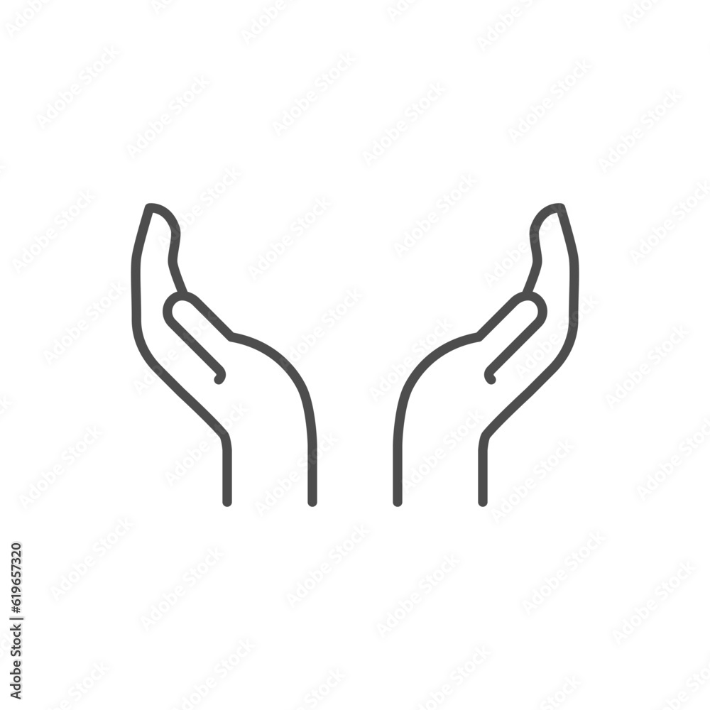 Protecting hands related vector linear icon. Two hands holding something icon. Maternal care. Vector outline illustration Isolated on white background. Editable stroke Protecting hands related vector linear icon. Two hands holding something icon. Maternal care. Vector outline illustration Isolated on white background. Editable stroke