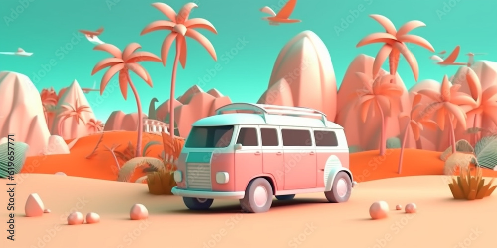 Mini van parking on a beach island, concept of beach vacation, landing page template in cute 3d cartoon illustration