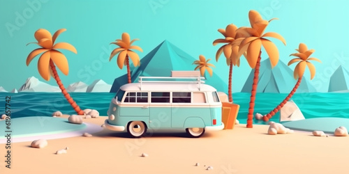 Mini van parking on a beach island, concept of beach vacation, landing page template in cute 3d cartoon illustration
