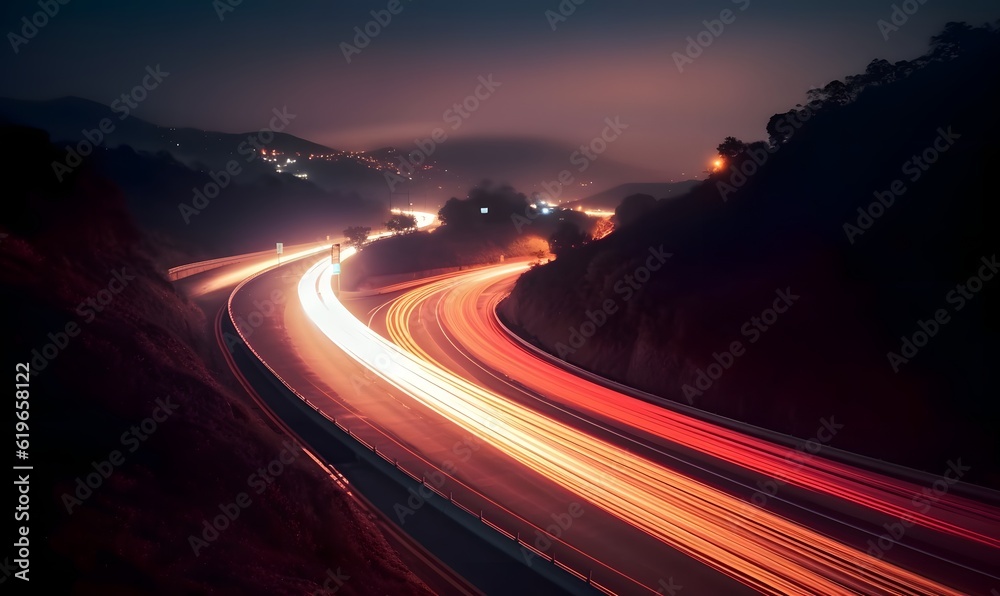 A long exposure photo of a highway at night. Generative AI