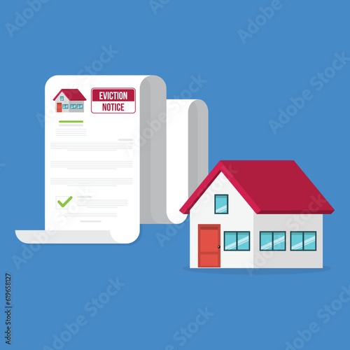 House, real estate property,  with an eviction notice document. Vector illustration.