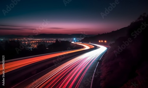 Tablou canvas A long exposure photo of a highway at night. Generative AI