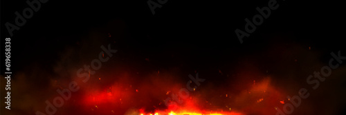 Background with fire sparks, embers and red smoke. Overlay effect of burn coal, grill, hell or bonfire with flame glow, flying orange sparkles, fog on black background, vector realistic illustration