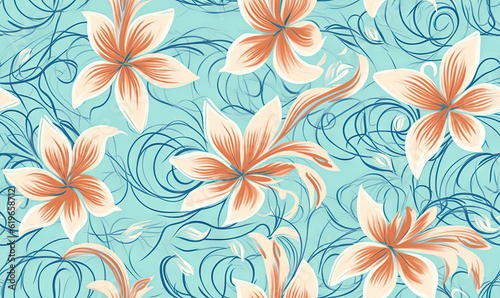 Flower pattern with orange and blue flowers on background with leaves and flowers,