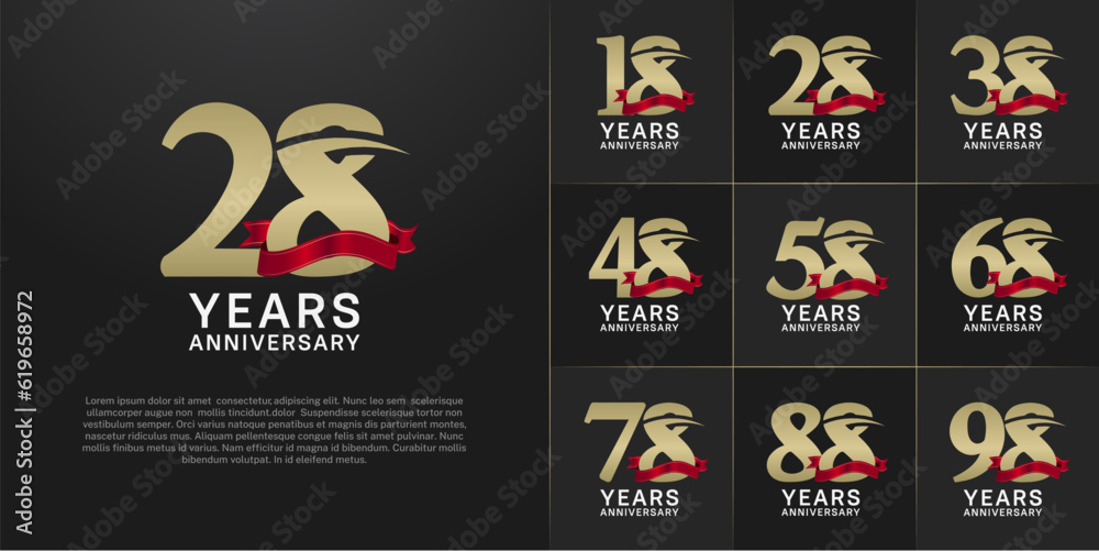 set of anniversary logo with gold number and red ribbon can be use for celebration