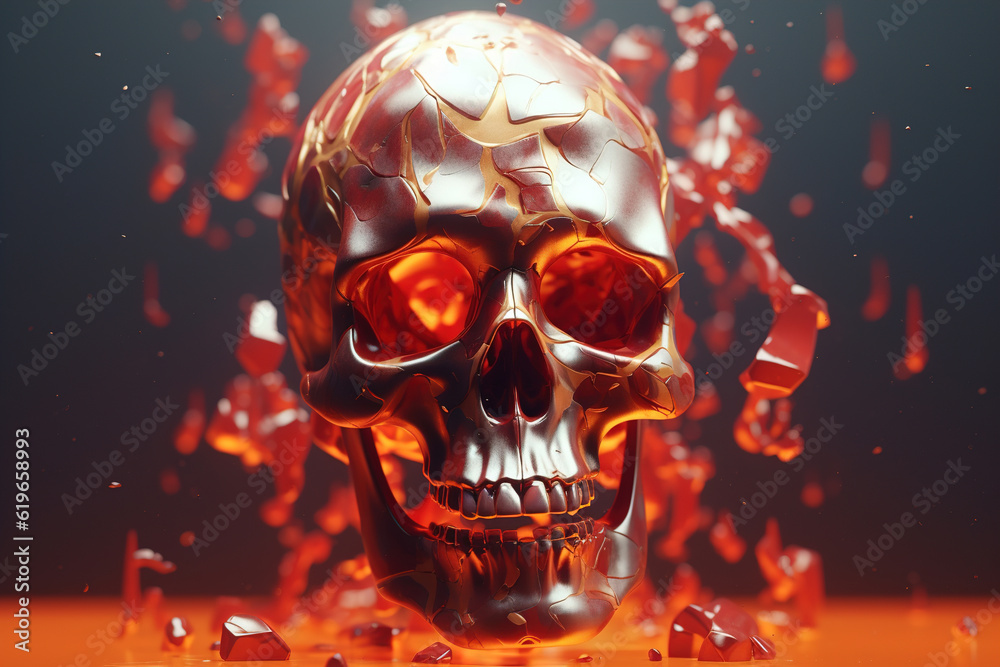Shiny cracked skull, front view of a levitating voluminous head bone Shiny cracked skull, front view of a levitating voluminous head bone