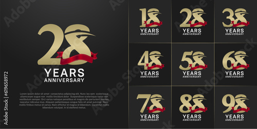 set of anniversary logo with gold number and red ribbon can be use for celebration