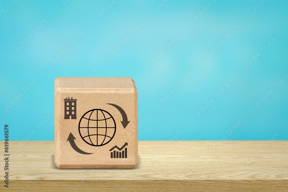 Multinational corporation concept, wooden cube with icon Multinational corporation concept, wooden cube with icon