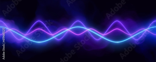 Blue neon audio sound voice wave pulse light. Abstract radio electronic music frequency vector effect background. Vibrant track equalizer waveform with smoke and blurred curve graph illustration.