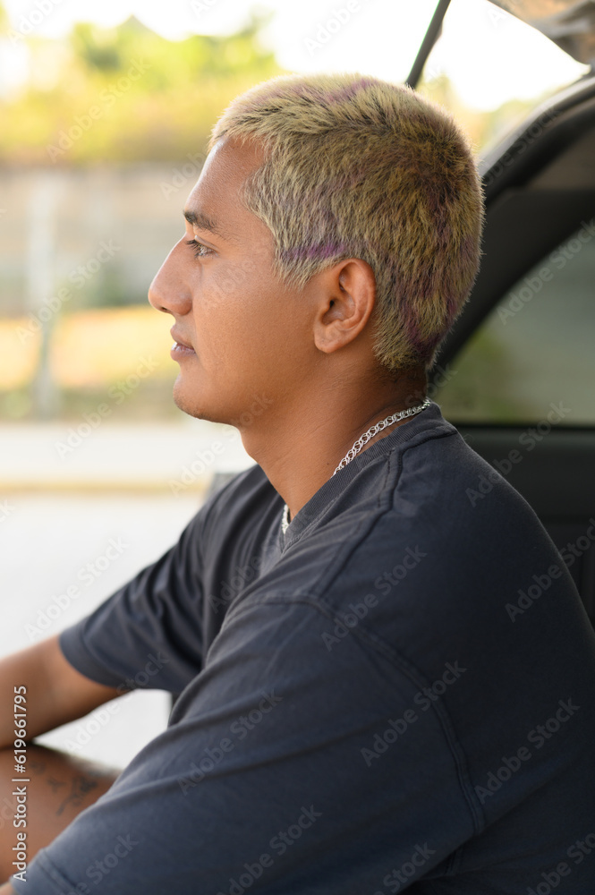 Fototapeta premium Young man sitting in car