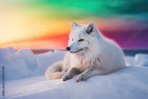Artic fox sitting in arctic sunset  snow falling  young Artic fox resting on an ice floe  colorful northern lights  green orange pink aurora