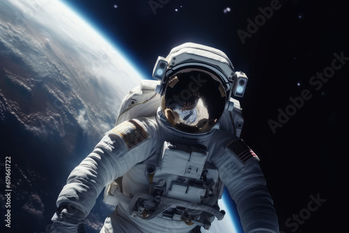 Astronaut float in the outer space over the planet Earth, astronauts in outer space on orbit of the Earth, portrait of astronaut floating in space with a planet behind