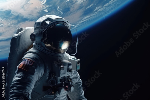 Astronaut float in the outer space over the planet Earth, astronauts in outer space on orbit of the Earth, portrait of astronaut floating in space with a planet behind